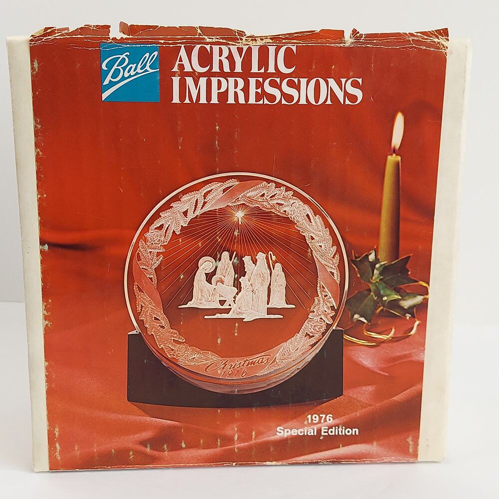 Ball Co Acrylic Impression Nativity Collectible Plate Vintage Christmas 1976 Box